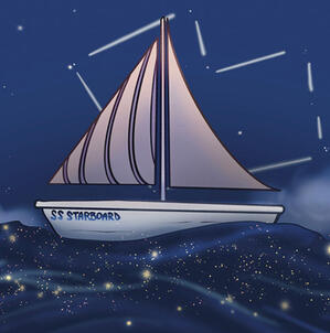 Starboard Arts Brand Image ; A boat sailing underneath a heart shaped constellation